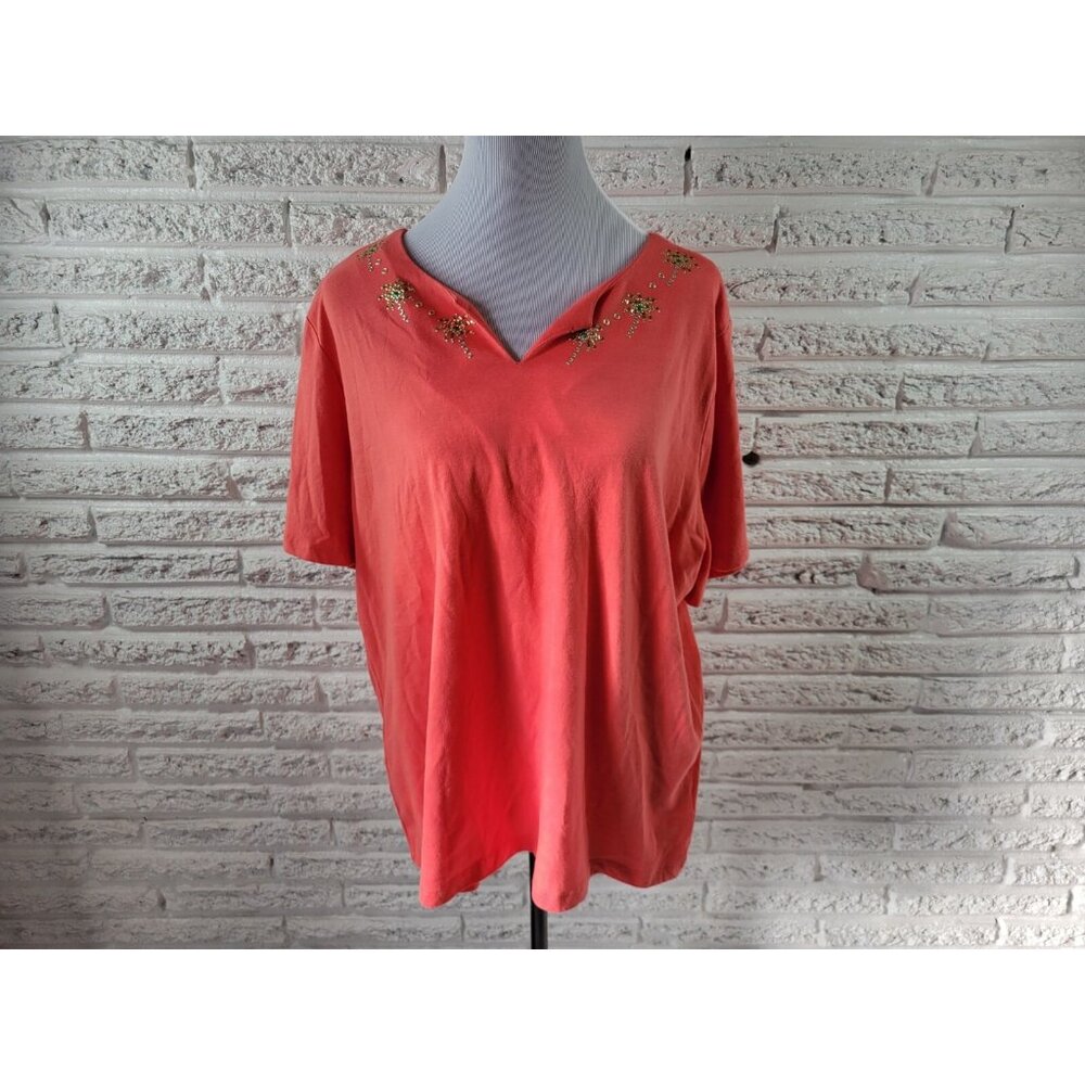 Coral Bay Womens Top 2X Plus Tee Short Sleeve Pink Studded Notch Neck PIN34E